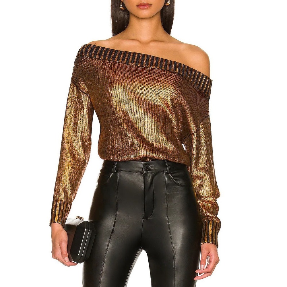 Superdown Metallic Gold Off The Shoulder Knit Sweater Shimmer Long Sleeve XS e3‎